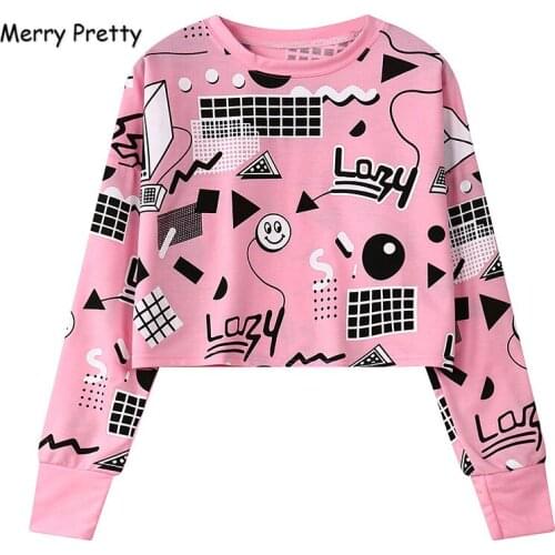 XUANHAO 2020 Autumn Harajuku Women Printed Short Sweatshirts Long Sleeve Geometry Printed Hoodies Hip Hop Pink Crop Tops