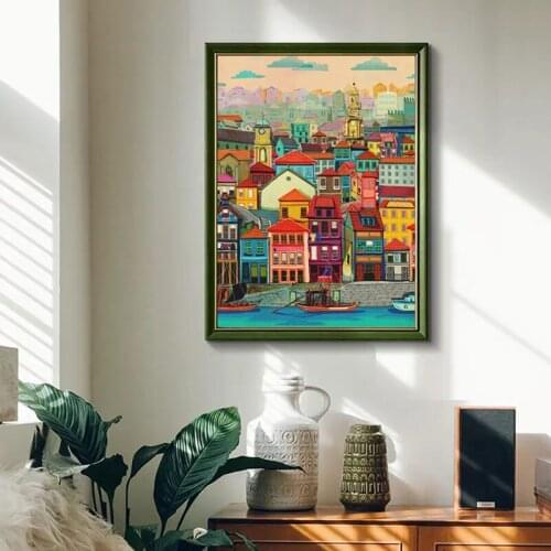 Colorful House By The Water Vintage Poster City Landscape Nordic Art Canvas Print Painting Wall Picture Modern Home Decoration