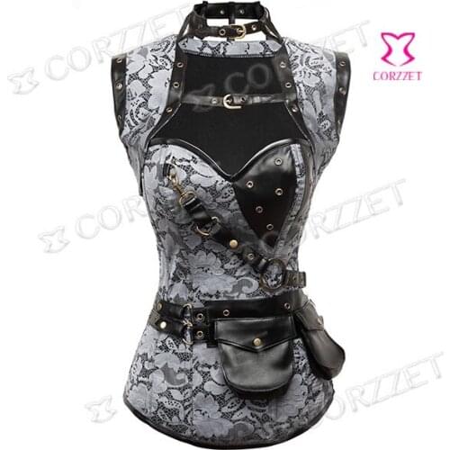 Latex Burlesque Corpete Corselet Women Grey Dobby Zipper Steel Bone Steampunk Corset Gothic Wasit Trainer Corsets And Bustiers