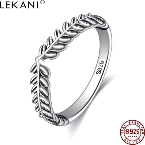 LEKANI Genuine Sterling Silver 925 Jewelry Trendy Stackable Rings Vintage Lucky Tree Leaf Finger Ring For Women Birthday Gift