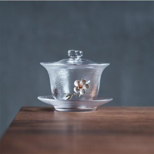 Hammer Pattern Thickened Heat-resistant GlassTureen Golden Depicting or Tin Plum Flower Gaiwan Tea Bowl With Lid Kungfu Tea Set