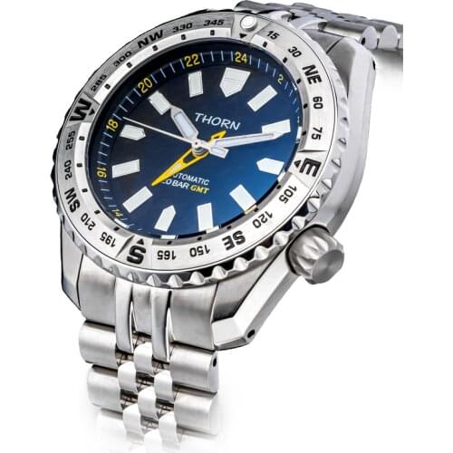 SHIRRYU Mens Sporty Dive Watch Sapphire Crystal Luminous Marks GMT Function Automatic Movement Wristwatch Jubilee Bracelet
