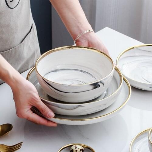Nordic marbling ceramic gold plated solid color tableware set dinner plate ceramic bowl family tableware dishes and plates sets