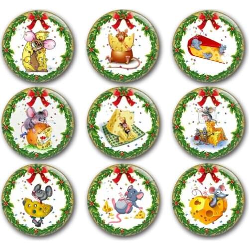 Happy new year glass cabochon,year of the rat merry Christmas mouse Round photo glass cabochon demo flat back Making findings