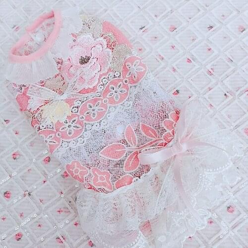 Puppy Dog Fashion Pink Flower Bowknot Lace Vest Dress Summer Pet Clothes Outerwear Coats Chihuahua Yorkshire Dog Clothing Dress