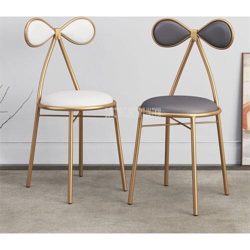 Iron Art Makeup Stool Chair Padded Cushion Modern Minimalist Bow Backrest Chair Girl Princess Bedroom Dressing Stool Furniture