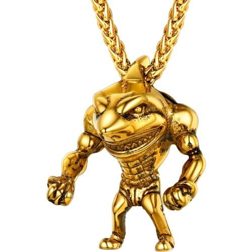 U7 Men Women Fitness Shark Element Pendant Necklace Hip Hop Gold Charm Stainless Steel Link Chain