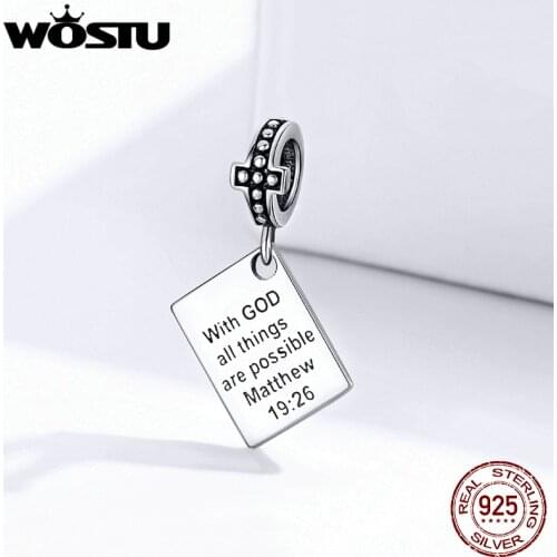 WOSTU 925 Sterling Silver Bible Charms With God all things are possible matthew Religion Beads Fit Bracelet Jewelry FIC1424