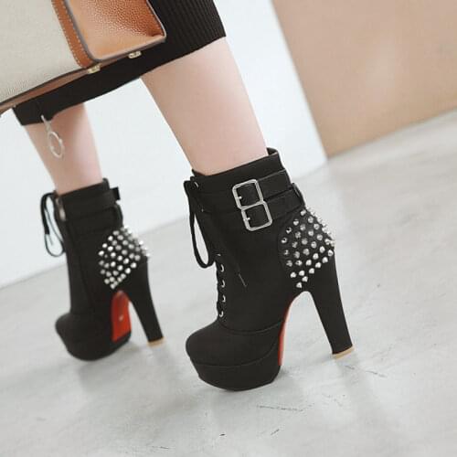 Punk Rock Spike Studded Rivets Boots Women High Heels Platform Booties Shoes Ladies Sexy Metal Buckle Strap Short Boot Winter 48
