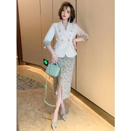 Top Quality Lapel cuffs contrast Blazer+Two piece print split drawstring dress for womens spring