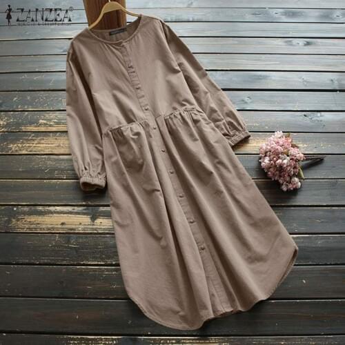Vintage Long Sleeve Sundress ZANZEA Women Spring Long Shirt Dress Elegant O Neck Solid OL Work Vestidos Casual Baggy Dresses 7