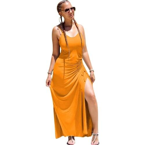 Sexy Spaghetti Strap V-Neck Long Maxi Dress Women Sleeveless Backless Drawstring Ruched High Split Summer Casual Dresses Vestido