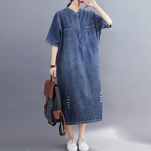 Summer 2021 New Denim Dress Women Korean Fashion Plus Size Loose Casual Vintage Lady Cowboy Dresses Clothes Elegant Maxi Vestido