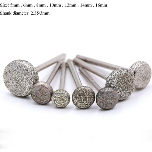 5PCS 5-16mm Flat Round Diamond Burr Grinding Engraving Bit 2.35/3mm Shank for Dremel