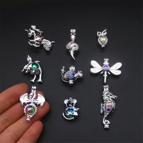 9pcs silver animal mixed pearl cage necklace pendant, aromaing oil diffuser adds your own pearl, stone makes it more attractive
