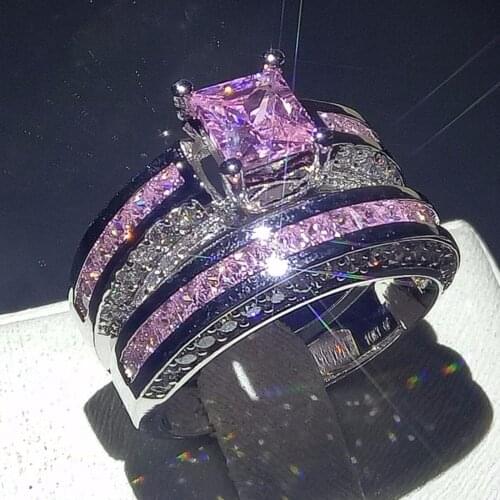 90% Big Promotion Brand New Luxury Jewelry 10KT White Gold Filled Princess Cut Pink CZ Party Square Zirconia Wedding Ring Set