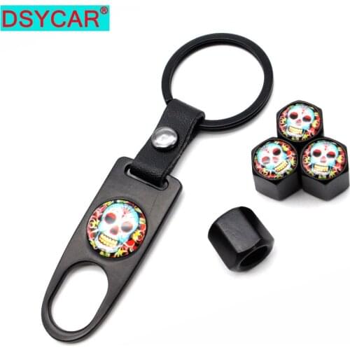 DSYCAR 1Set Zinc Alloy Anti-theft Car Wheel Tire Valve Caps Stem Air + Leather buckle Wrench Auto Car Wheels Tires Parts