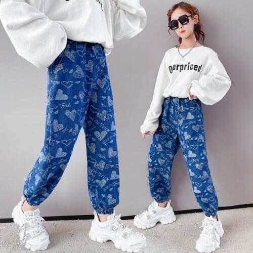 Big Girl Jeans 2021 Childrens Autumn Cotton Fashion Heart Loose Ankle-Tied Denim Pants Kids Trousers Clothes For Girl 120-170cm