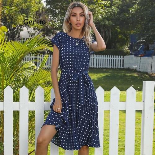 Summer Polka Dots Short Sleeve Pleated Dresses For Women High Waist Midi Elegant Office Green Lady Dinner Party Clothes