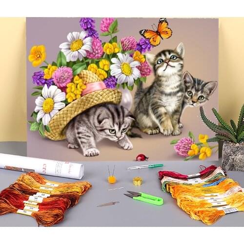 Animal Cat Printed Water-Soluble Canvas 11CT Cross-Stitch Set Embroidery DMC Threads Craft Sewing Needlework Handmade Jewelry