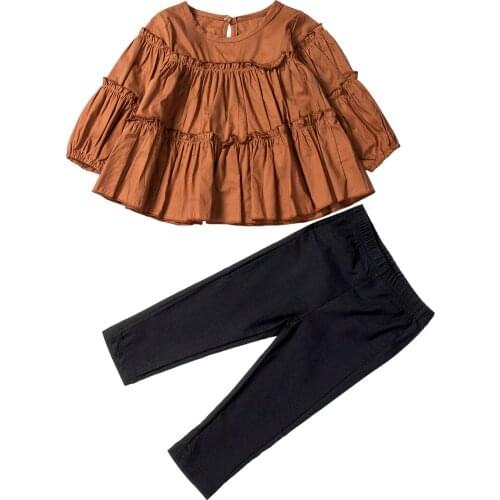 1-6Y Toddler Baby Girls 2PCS Sets Long Lantern Sleeve Ruffles Solid Brown Tops+Black Pencil Pants Autumn Fashion Sets