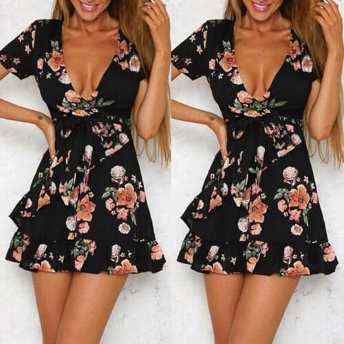 Sexy Womens Boho Floral Wrap Frill Beach Mini Short Dress Sundress AU STOCK New