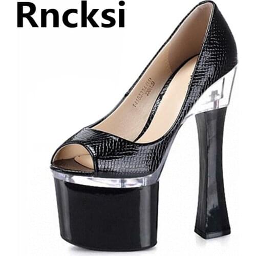 Rncksi Peep Toe Girls 18cm Square Heels Platform Sexy Womens Party Queen Pole Dance Shoes 18cm High Heels Ankle Pumps