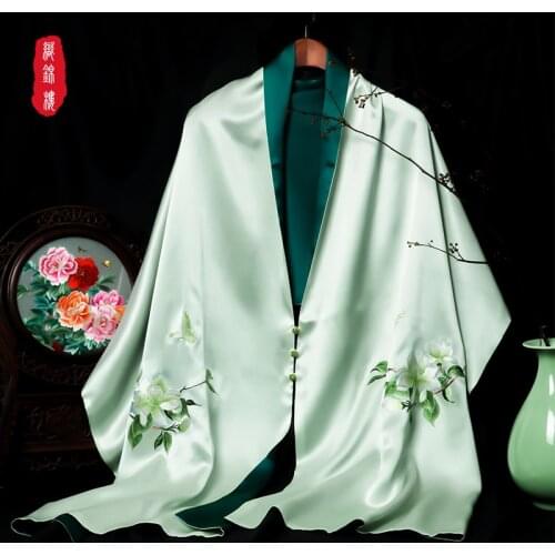 Silk scarves women mulberry hand embroidered Gardenia Flower double side button shawl silk scarf spring and Autumn
