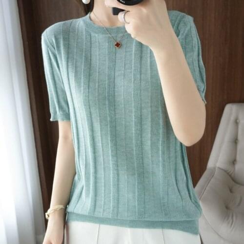 2021 Worsted thin knit short-sleeved T-shirt womens O-neck pullover loose cropped top striped T-shirt whte purple green yellow