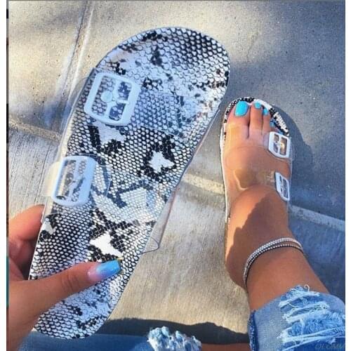 Clear shoes 2020 new summer open toe belt buckle flat slippers ladies Snake shallow casual beach Slide woman shoes