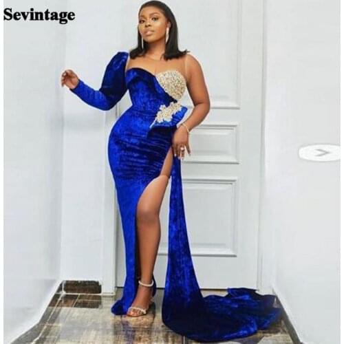 Sevintage Sexy Royal Blue Velvet Evening Dress One Shoulder Lace Prom Party Gowns Long Sleeve Split Special Occasion Dresses