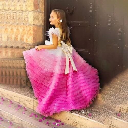 Colorful rainbow flower girl dress layers puffy Kids pageant dresses for girls birthday gown with train