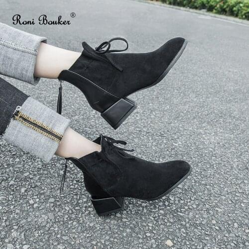 Roni Bouker 2019 Womens Autumn Winter Lace Up Booties Women Faux Fur Ankle Shoes Woman Brown Soft Suede Boots Size 42 Dropship