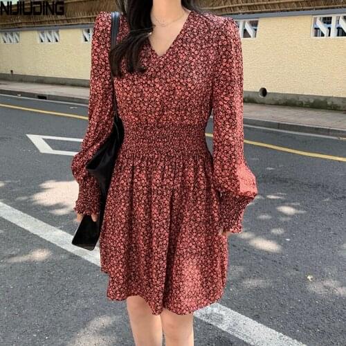 Spring Summer Retro Long Sleeve Chiffon Women Dresses 2021 New Floral Printed V-Neck Pleated Elastic Waist Female Mujer Vestidos