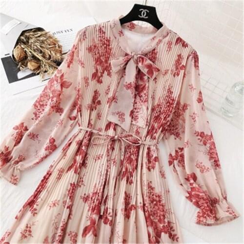 2021 New Spring Stand Collar Floral Print Women Dress Lace Up Female Pleated Dress Summer Party Midi Chiffon Vestidos femme 87