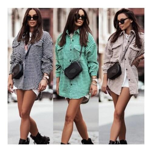2021 Winter Tops Fall Fashion Houndstooth Blouse Casual Loose Lapel Long Sleeve Shirt Jacket High Street Plaid Shirt
