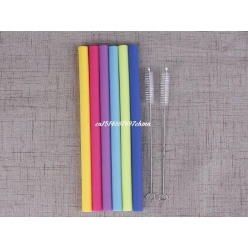 6pcs/lot 25.5*1.3cm Bend &Straight Reusable Drinking Straw Silicone Straws For Home Party Barware tools + 2pcs Cleaner Brush