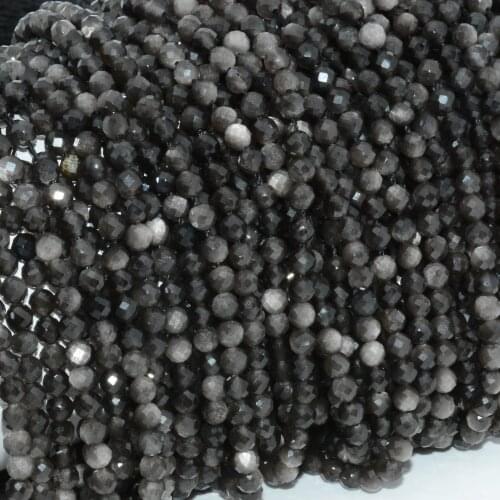 Natural Silver Sheen Obsidian Faceted Round Beads 4mm