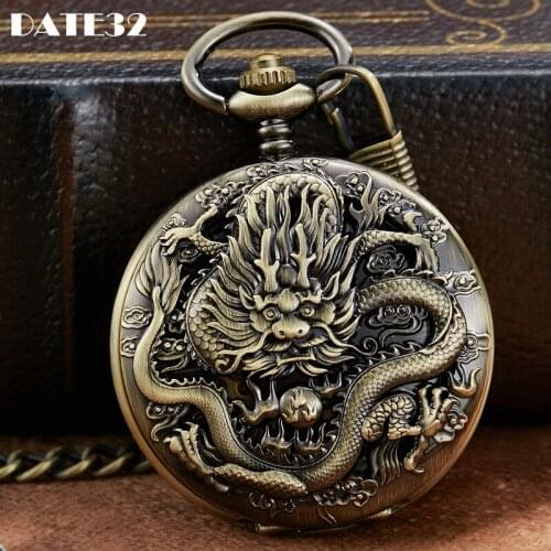 Luxury Dragon Mechanical Pocket Watch Skeleton Laser Engraved Case Bronze Fob Chain Clock for Men Women Collection Dropshipping