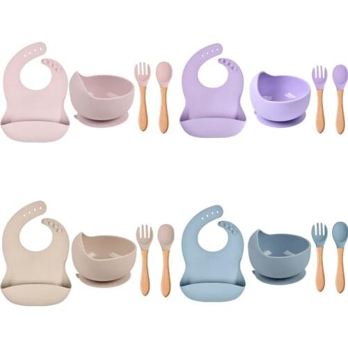 Suction Baby Bib+Bowl Spoon Forks silicone tableware children Wooden handle spoon bowl Kids silicone Dinner Feeding Bowl