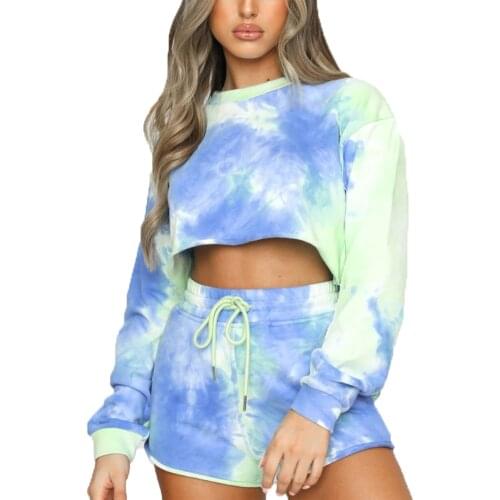 Women Long-sleeved Short Fashion Top Loose Elastic Casual Party Shopping Round Neck Dye Printing Drawstring Shorts Women Suit