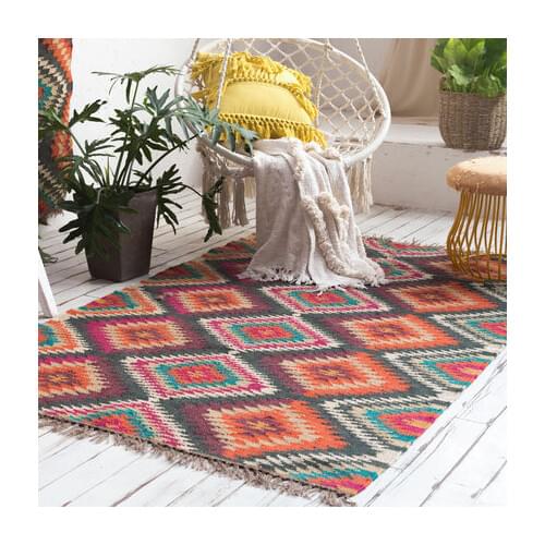 India kilim hand-woven jute and wool floor mat for living room bedroom Carpet geometric Modern Mat design BohemiaNordic style