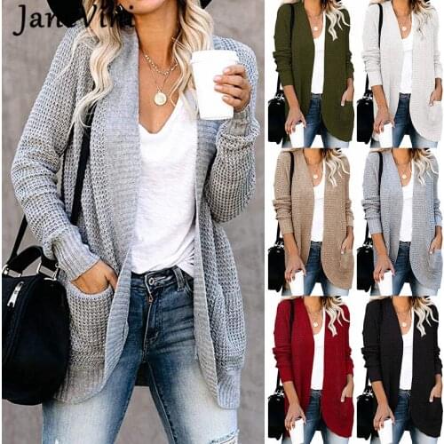 JaneVini Elegant Women Knitted Cardigans Sweater V Neck Solid Loose Jacket Pockets Casual Female Cardigan Coat Pull Femme Tops