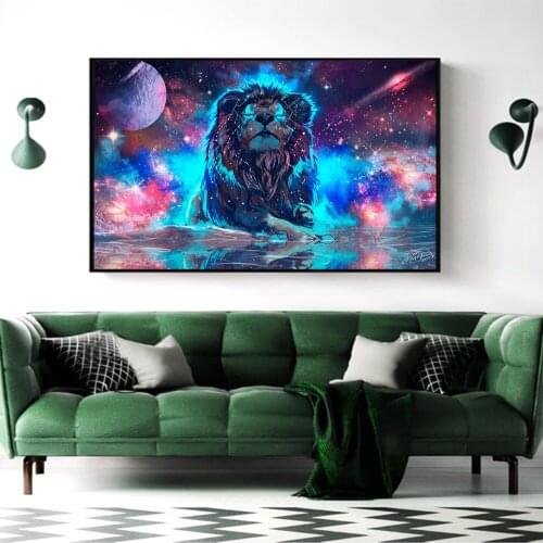 DDWW Large Size Modern Animal Picture Art Wall Colored Planet Glowing Lion Canvas Painting Art Poster for Living Room