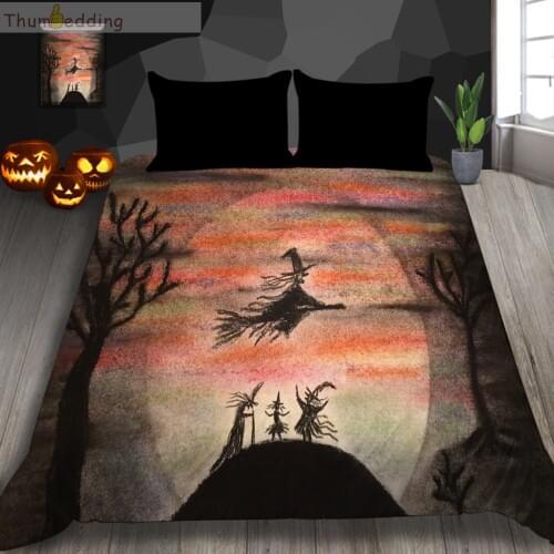 Thumbedding Bedding Set Halloween Black Tree Lighting Pumpkin Duvet Cover Twin Full Queen King Western Decoration Bed Set 3pcs