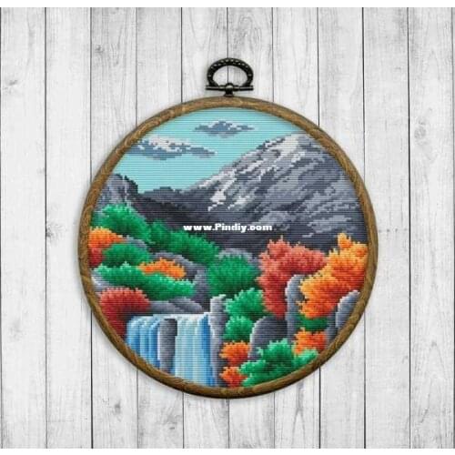 -Circular Landscape-Mountain Stream Waterfall 34-34 Counted Cross Stitch 18CT Cross Stitch Kits Embroidery Needlework Sets