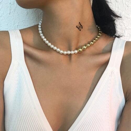 Lalynnly Vintage Simulation Pearl Necklaces Gold Color Female Clavicle Chain Choker Necklace For Women Jewelry Accessories N8536