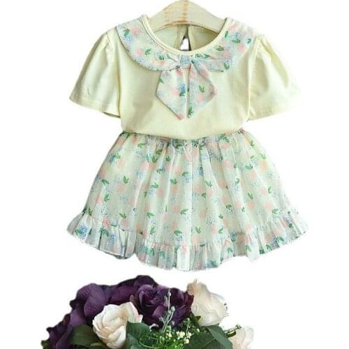 2021 Summer Girl Sets Kids Tie Pure Cotton Pure Color Short Sleeve+Childrens Fashion Floral Skirt Girls Toddler Casual Clothes