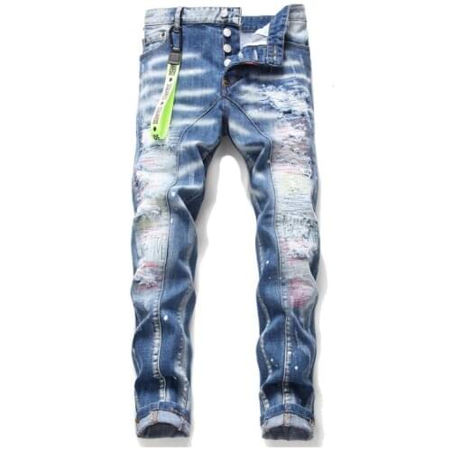 New Mens Skinny Jeans With Ripped Holes And elastic Paint Spray Blue Stitching Beggar Pants