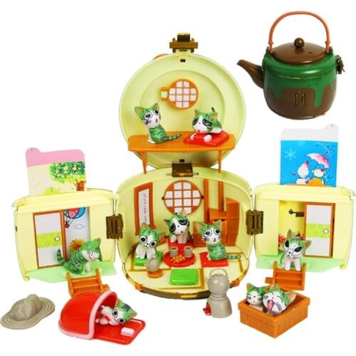 New Cute Chis Sweet Home Cat Kettle Shape Carry Case House Series Figure Model Toys With 12PCS Doll Set Kids Children Gifts